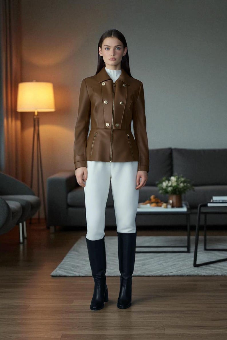 May include: A brown leather jacket with gold buttons and a zipper closure. The jacket is paired with white pants and black knee-high boots. The model is standing in a living room setting.