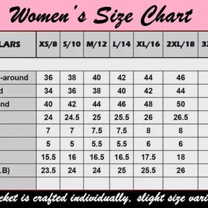 May include: A pink-bordered Women's Size Chart with measurements for jackets. The chart includes chest, waist, bottom, sleeve, bicep, cuff, shoulder, and back length measurements in inches, ranging from XS/8 to 5XL/24.