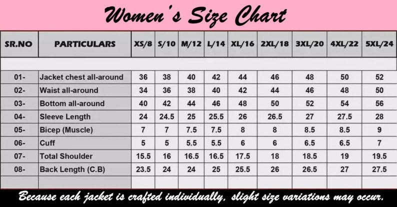 May include: A pink-bordered Women's Size Chart with measurements for jackets. The chart includes chest, waist, bottom, sleeve, bicep, cuff, shoulder, and back length measurements in inches, ranging from XS/8 to 5XL/24.