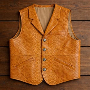 Leren herenvest met python-reliëf, lichtbruin western-cowboyvest dichtgeknoopt
