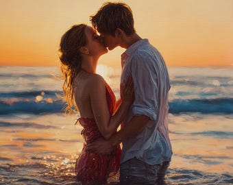 May include: A painting of a couple kissing in the ocean at sunset. The woman wears a red dress, and the man wears a white shirt. The water reflects the golden light of the setting sun, creating a romantic scene.