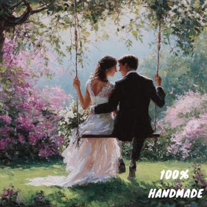 May include: Oil painting of a couple on a swing, surrounded by pink and green foliage. The bride wears a white wedding dress, and the groom is in a black suit. The text "100% HANDMADE" is in the lower right corner.