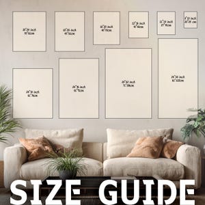 May include: A size guide displays various rectangular art prints in different dimensions, including 20x24 inches, 18x24 inches, and 24x48 inches. The prints are arranged on a wall above a sofa, with the text "SIZE GUIDE" at the bottom.
