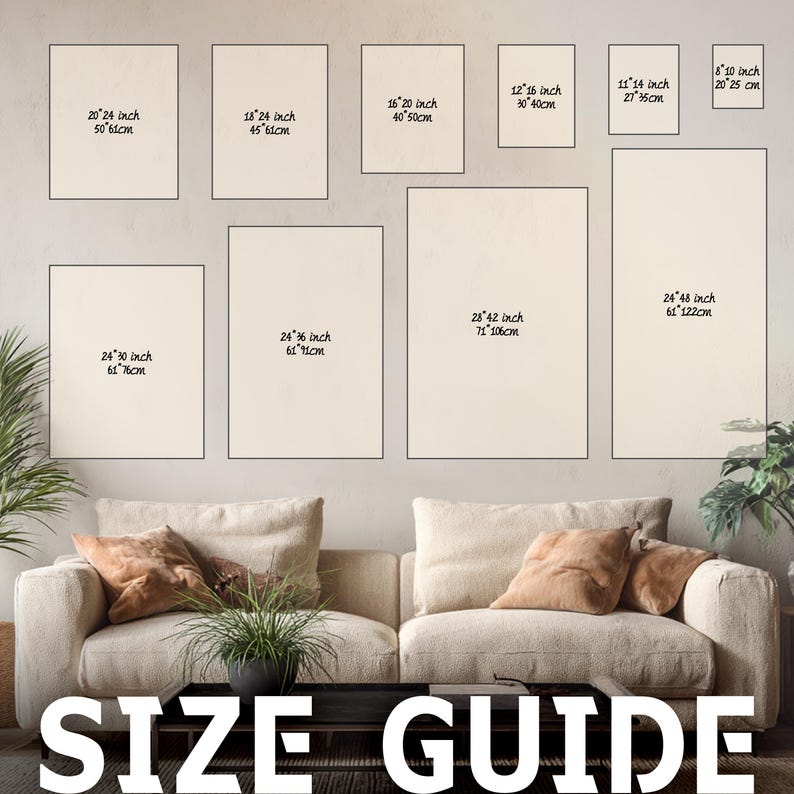 May include: A size guide displays various rectangular art prints in different dimensions, including 20x24 inches, 18x24 inches, and 24x48 inches. The prints are arranged on a wall above a sofa, with the text "SIZE GUIDE" at the bottom.