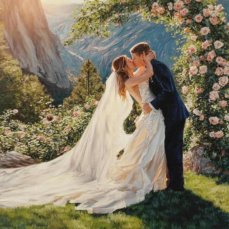 Wedding Oil Painting from Photo, Art Commission on Canvas, Hand Painted Family Portrait, Personalized Anniversary Gifts for Couple image 1