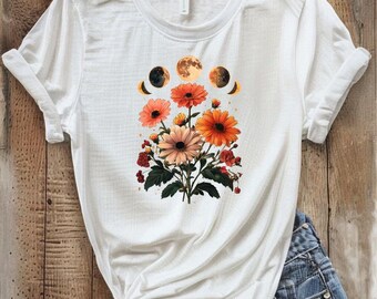 Boho Floral Moon Phases Shirt – Vintage Botanical Graphic Tee for Women – Celestial Aesthetic T-Shirt – Cottagecore Top