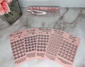 May include: A clear, pink-accented binder with several pink budget cards. The cards are labeled "Tithes/Giving," "Tax Bill," "$1000 Savings Challenge," and "Travel." Each card has a unique design and text.
