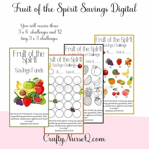 May include: Digital printable savings challenges with a fruit theme. The designs include the text "Fruit of the Spirit" and feature illustrations of various fruits. The challenges are designed to help with saving money.
