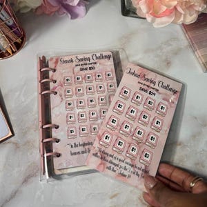 Può includere: Carte rosa e bianche per la sfida del risparmio con illustrazioni di libri e importi in dollari. Una carta recita "Genesis Saving Challenge" e l'altra "Joshua Saving Challenge". Le carte sono in un raccoglitore trasparente.