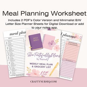May include: A meal planning worksheet with the text "Meal Planning Worksheet" at the top. The image includes three planner sheets with text and floral accents. The central sheet features a purple Bible and a pink notebook.