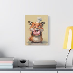 Impresión artística en lienzo de un zorro caprichoso, adorable decoración de habitación infantil, regalo para amantes de las donas, divertido arte de pared para la cocina, ilustración de un zorro chef, habitación infantil