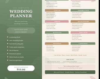 Wedding Planner Spreadsheet: Budget, Timeline, Guest List (Digital Download)