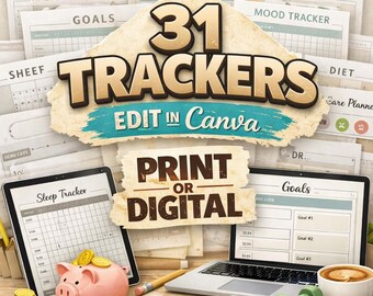 31 Tracker Bundle Canva Template | Daily, Weekly, Monthly Planners (Digital Download)