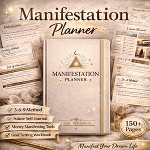 May include: A beige "Manifestation Planner" with gold lettering and a geometric design. The planner is surrounded by worksheets, crystals, and a pen. The text "Manifest Your Dream Life" is at the bottom. The planner has 150+ pages.
