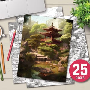 以下が含まれることがあります： 日本の庭園のシーンが描かれた塗り絵。パゴダ、木、小川が特徴です。画像には色鉛筆、コーヒーカップ、ラップトップが含まれています。「25 PAGES」と書かれたステッカーがあります。