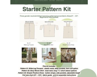 Kids Sewing Patterns Bundle, Gender Neutral Trousers Shirt Dress (PDF Download)