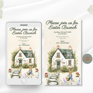 May include: Digital invitation for an Easter brunch with a watercolor illustration of a cottage with a bunny holding a basket of eggs. The invitation includes the text "Please join us for Easter Brunch", the date and time of the event, the address, and RSVP information.