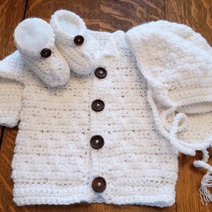 Handmade Baby Crochet Sweater Set, Cardigan, Bonnet, Booties
