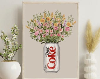 Lata de refresco de cola light con flores A4 / Arte mural escocés descarado / Personalizado / Póster de cocina / Decoración del hogar / Arte divertido / Impresión retro / Envío por impresora