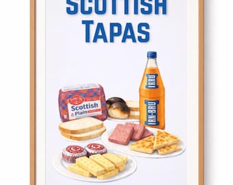 Lámina de tapas escocesas / Arte mural de comida escocesa / Decoración de cocina / A4 / Humor escocés / Recuerdos de Escocia / Favoritos escoceses / Retro
