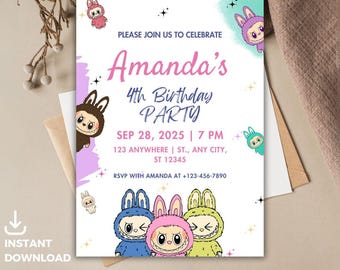 Labubu Birthday Party Invitation, Labubu Birthday Party, Invitation Template, Printable Invite, Canva Editable Template, Instant Download