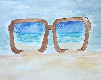 Original Beach Sunglasses Watercolor Painting | 5x7 Coastal Art | Ocean Reflection Artwork | Beach House Decor | Summer Wall Art