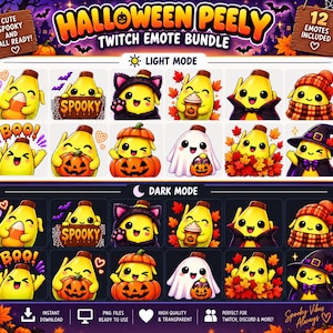 Puede incluir: Un paquete digital de 12 emoticonos de plátano con temática de Halloween para Twitch, mostrados en modo claro y oscuro. Los personajes de plátano amarillo aparecen con varios disfraces, incluyendo un fantasma, calabaza, bruja y gato.