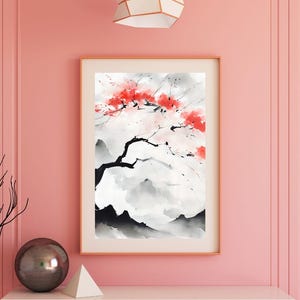 Japanese Maple Tree Art Print, Grey Scale Botanical with Red Accent, Asian Wall Décor, Digital Download, Zen Minimalist Printable Art