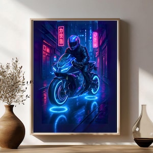 Cyberpunk Motorcycle Art Print, Futuristic Neon City Poster, Sci-Fi Digital Download, Gamer Room Wall Décor