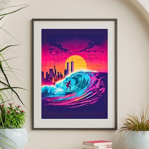 Impresión artística de surf retro futurista: Ola vibrante al atardecer (descarga digital)