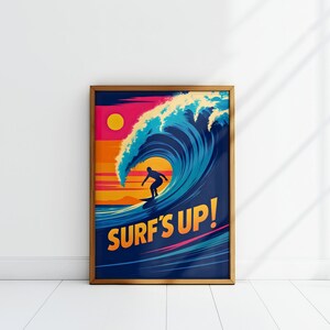 Póster vintage de surf, silueta de un surfista al atardecer, póster &quot;Surfea&quot;, descarga instantánea