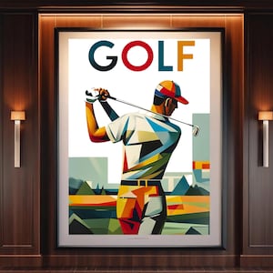 Póster de golf, impresión artística de golfista cubista, póster deportivo geométrico vibrante, regalo para amantes del golf, decoración de pared abstracta moderna, descarga digital
