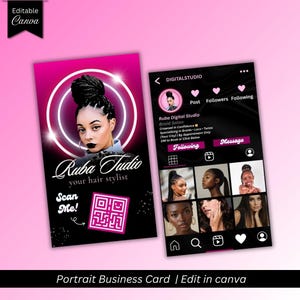 Afro Hair Stylist Visitenkarte | Hoch- und Querformat Leinwand Vorlage | Bearbeitbare Flechter, Salon, Lash Tech Branding Card