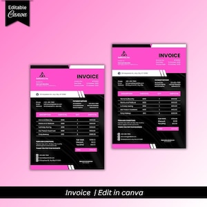 Könnte beinhalten: Zwei rosa und schwarze Rechnungen mit dem Wort "INVOICE" in großem weißen Text. Die Rechnungen enthalten Abschnitte für Beschreibung, Zwischensumme und Menge. Oben auf den Rechnungen steht der Text "Editable Canva".