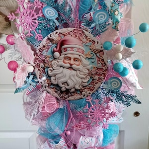 Pastel Candyland Christmas Swag Wreath: Santa, Gingerbread, Lollipop Door Decor