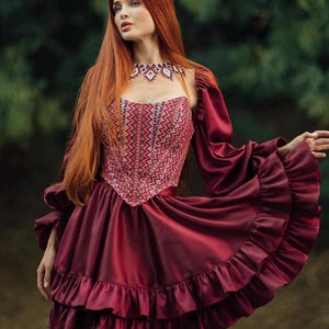 Dark red burgundy silk corset dress handmade with embroidery, removable long puff sleeves, strapless overbust corset & flare mini skirt set