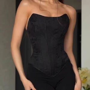 Black strapless long corset with back lacing, elegant formal night corset wear, romantic night out outfit, black wedding corset