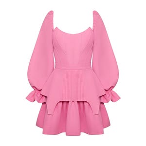 Mini abito da sposa rosa, top corsetto rosa e gonna estiva, abito giocoso con maniche a sbuffo, set gonna vintage, set gonna corsetto, minigonna