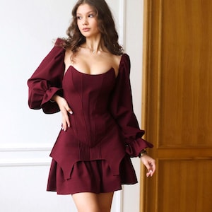Two piece burgundy corset top shapewear with pleated summer mini skirt, goth wedding guest outfit dress