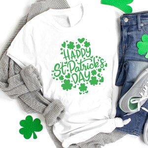 Happy St Patricks Day Shirt,Irish Shamrock with Hearts T-Shirt,Womens Four Leaf Clover Tee,St Patricks Day Gift For Family,Lucky Irish Shirt