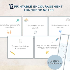 Printable Encouragement Lunch Box Notes for Testing Days, Elementary School Test Support Cards & bonus bookmarks, Kids Positive Notes