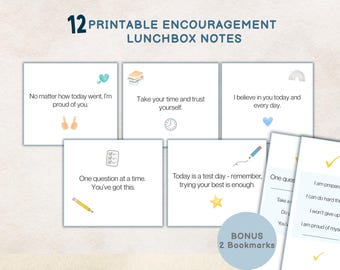 Note di incoraggiamento stampabili per il pranzo al sacco per i giorni dei test, schede di supporto per i test della scuola elementare e segnalibri bonus, note positive per bambini