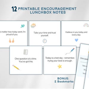 テストの日のための励ましのお弁当箱の印刷可能なメモ、小学校のテストサポートカードとボーナスブックマーク、子供向けのポジティブなメモ