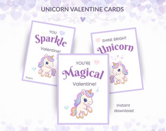 May include: Three unicorn Valentine's Day cards with purple borders. Each card features a cartoon unicorn and a different message: "You Sparkle, Valentine!", "You're Magical, Valentine!", and "Shine Bright Unicorn". The words "Instant download" are also visible.
