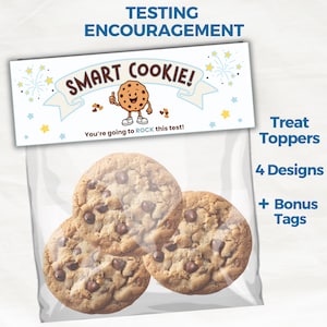 May include: A clear plastic treat bag containing three chocolate chip cookies, sealed with a white paper topper featuring the text "SMART COOKIE!" and "You're going to ROCK this test!" alongside a cartoon cookie character and star graphics.
