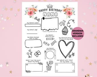 Nana Birthday Printable, Fun Coloring Page for Grandma, Unique Keepsake Gift, All About My Nana, Grandma Questionnaire, Meaningful Gift