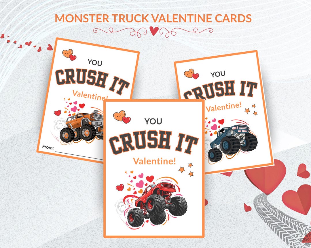 Monster Truck Valentine Cards for Kids - Printable Classroom Valentines ...