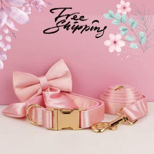 Silk Pink Dog Harness with Custom Engraving | Cute Bow, Collar, Leash, and Harness Set | All Sizes Available