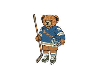 New York Hockey Bear Embroidery File | Blue Sports Bear