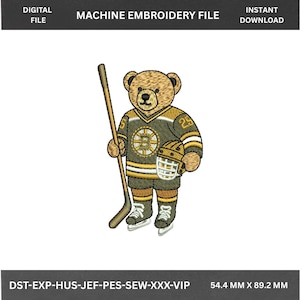 May include: Machine embroidery file featuring a cartoon bear in a hockey uniform. The bear is wearing a green and gold jersey with the number 25, holding a hockey stick and helmet. The design includes the text "DIGITAL FILE" and "INSTANT DOWNLOAD". The design measures 2.1 inches by 3.5 inches.